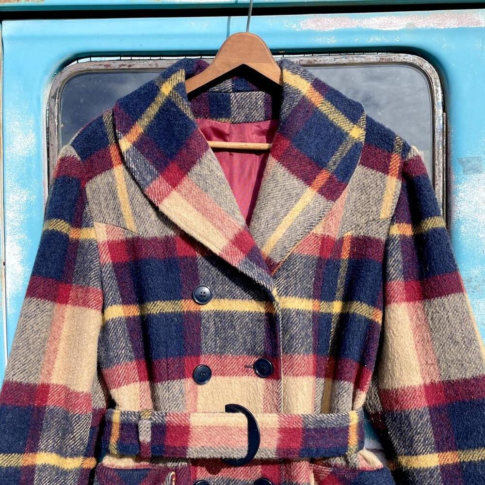60s navy red & camel buffalo plaid mohair wool belted swing coat - Picture 3 of 6